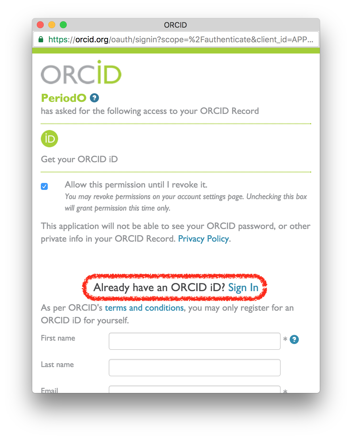 The ORCID authorization process.
