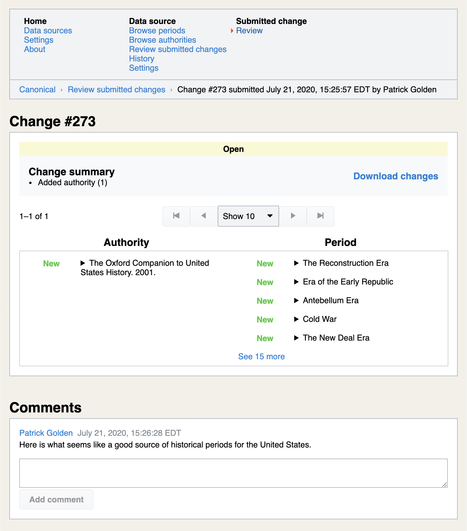 Viewing comments on submitted changes to the canonical periods
