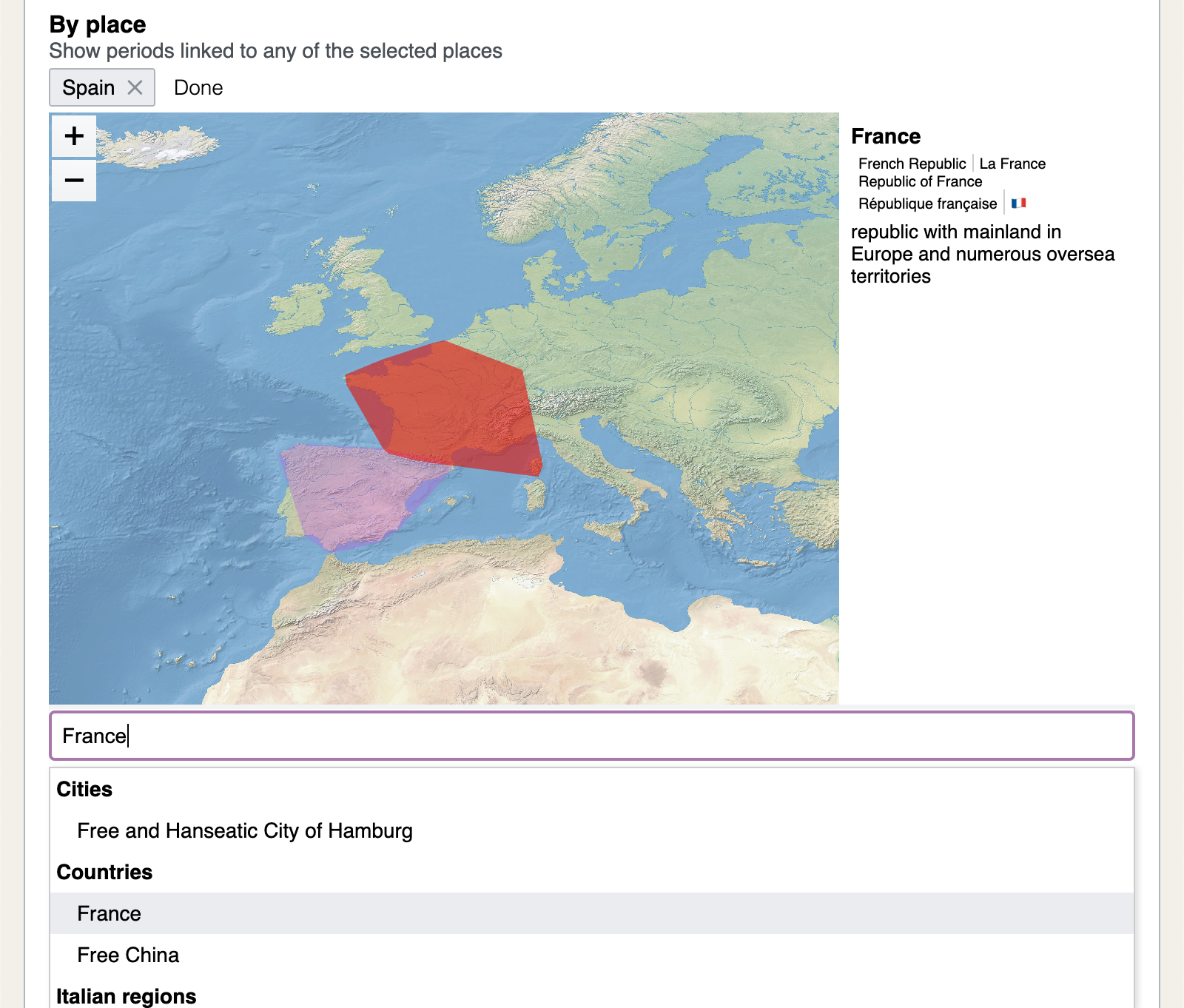 Selecting periods by linked place