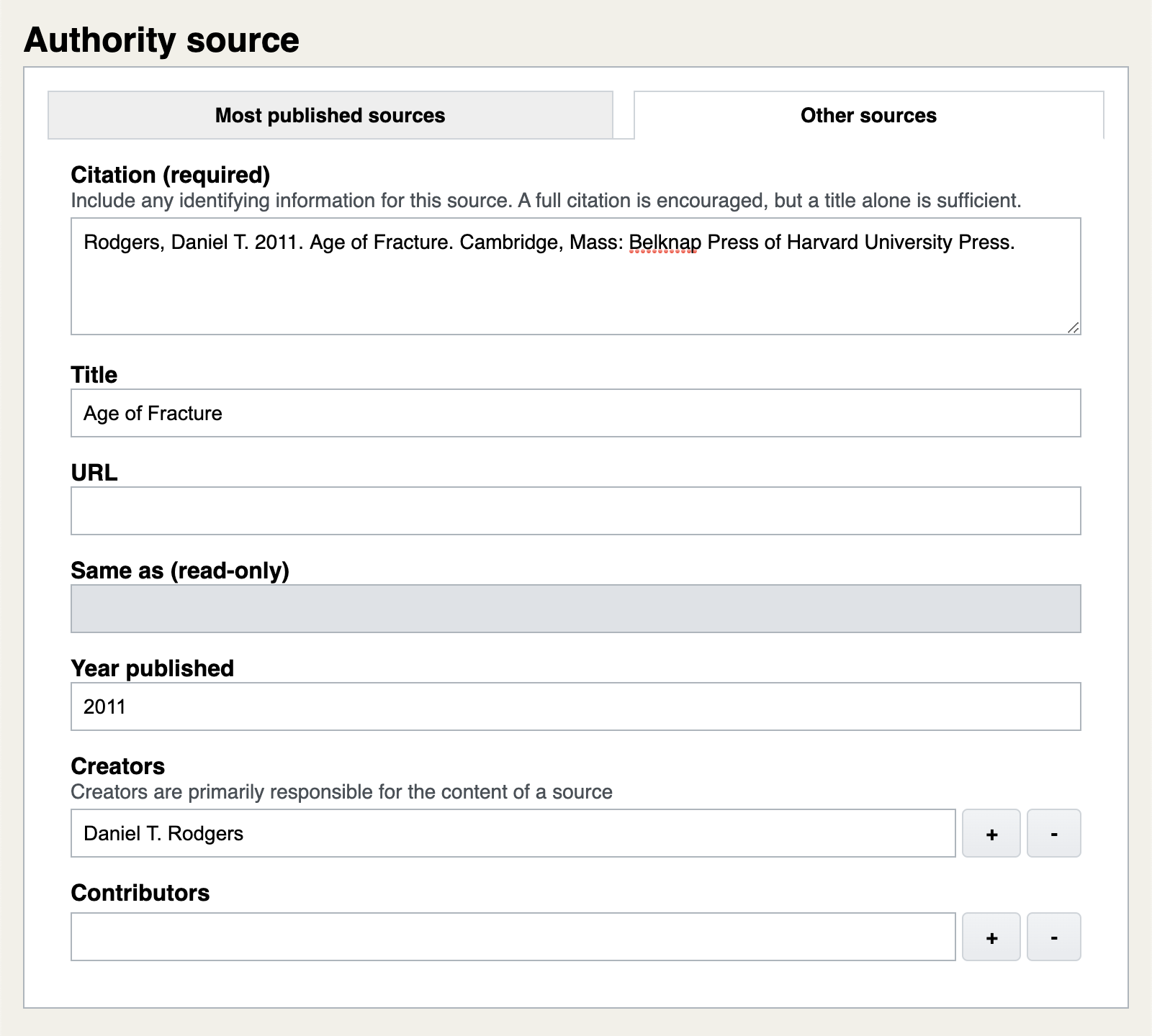 Manually entering a citable description of an authority