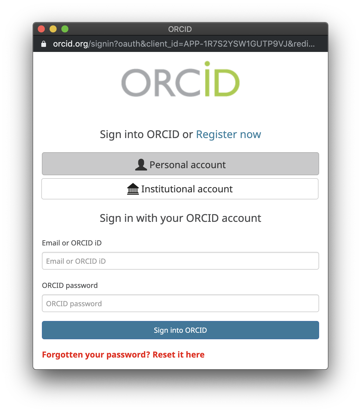 The ORCID login form