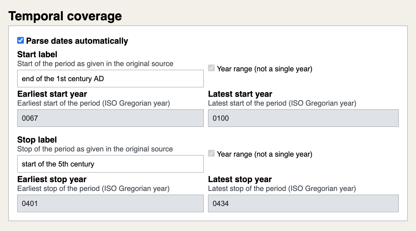 Describing the temporal coverage of a period